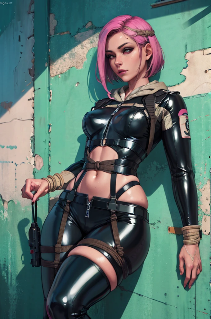 (masterpiece, best quality), 1girl, pink hair,, long hair, sunny day, LatexConcept, zipper, bondage, shibari, rope bondage, bodysuit, skin tight, latex, black bodysuit, shiny clothes, shiny, covered navel, ela_(rainbow_six_siege), masterpiece, best quality, 1girl, solo, green hair, realistic, short hair,(insanely detailed, beautiful detailed face, beautiful detailed eyes, masterpiece, best quality)