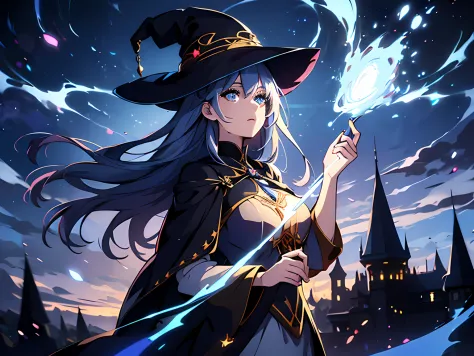 1 woman mage, calm look, beautiful eyes finely detailed, long blue hair gives off light amber light reflections, her clothes are...
