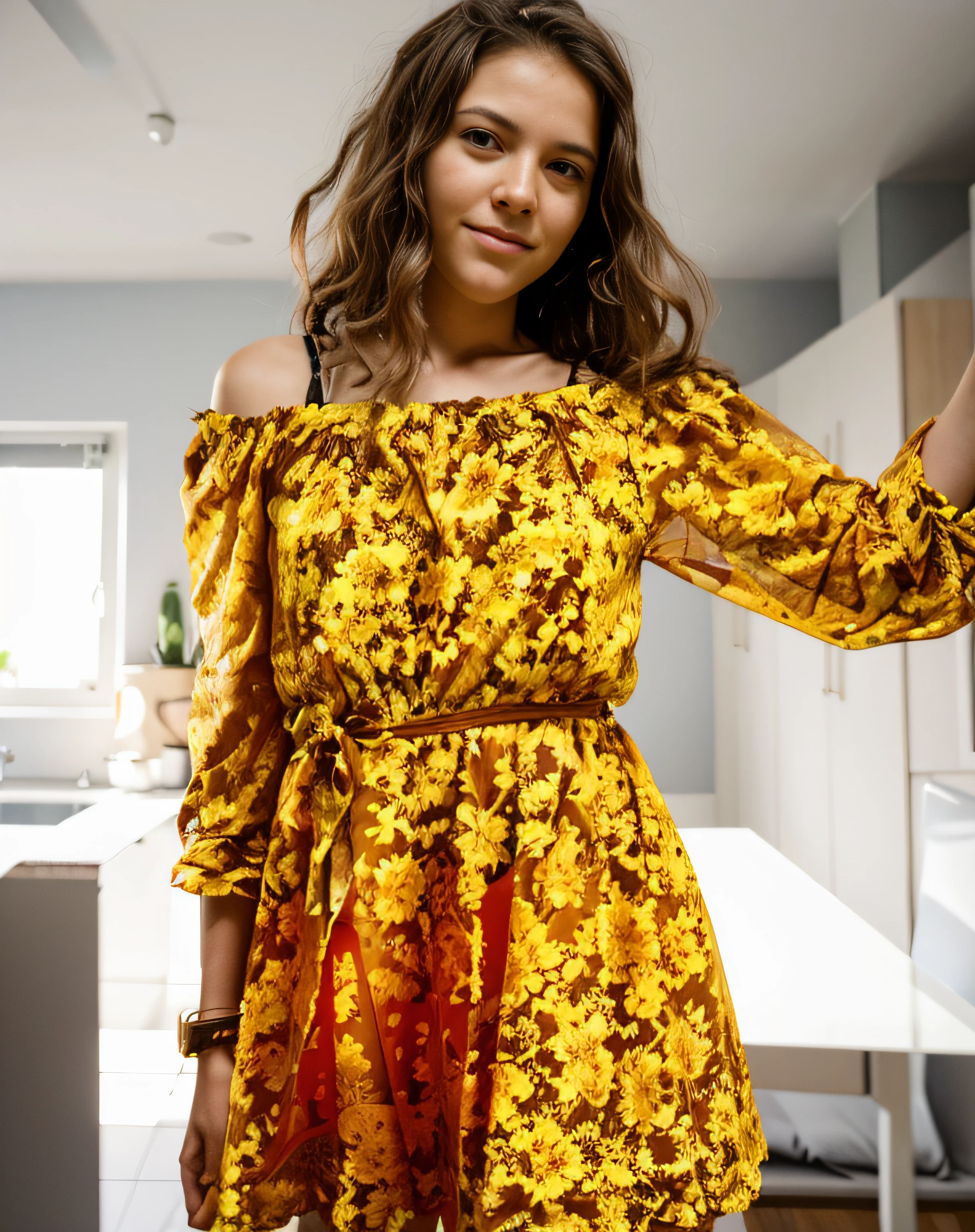 A close up of a woman in a yellow dress holding a glass - SeaArt AI