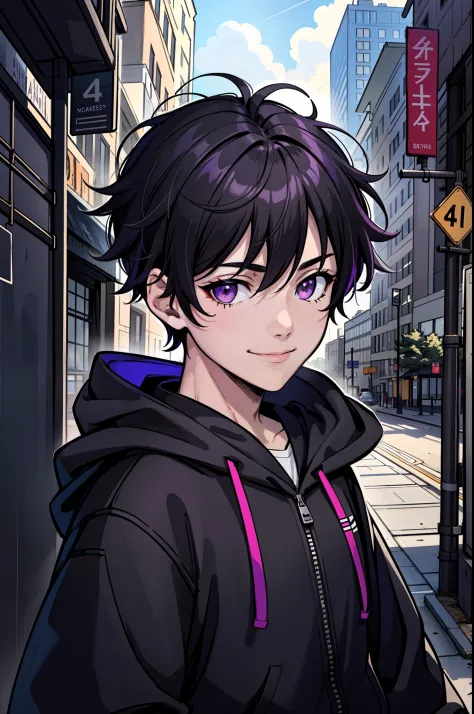 Young boy, 1boy, short, Bus stop, Purple eyes, Black hair, Messy hair, bangs between eyes, Best quality, day, Masterpiece, Color...
