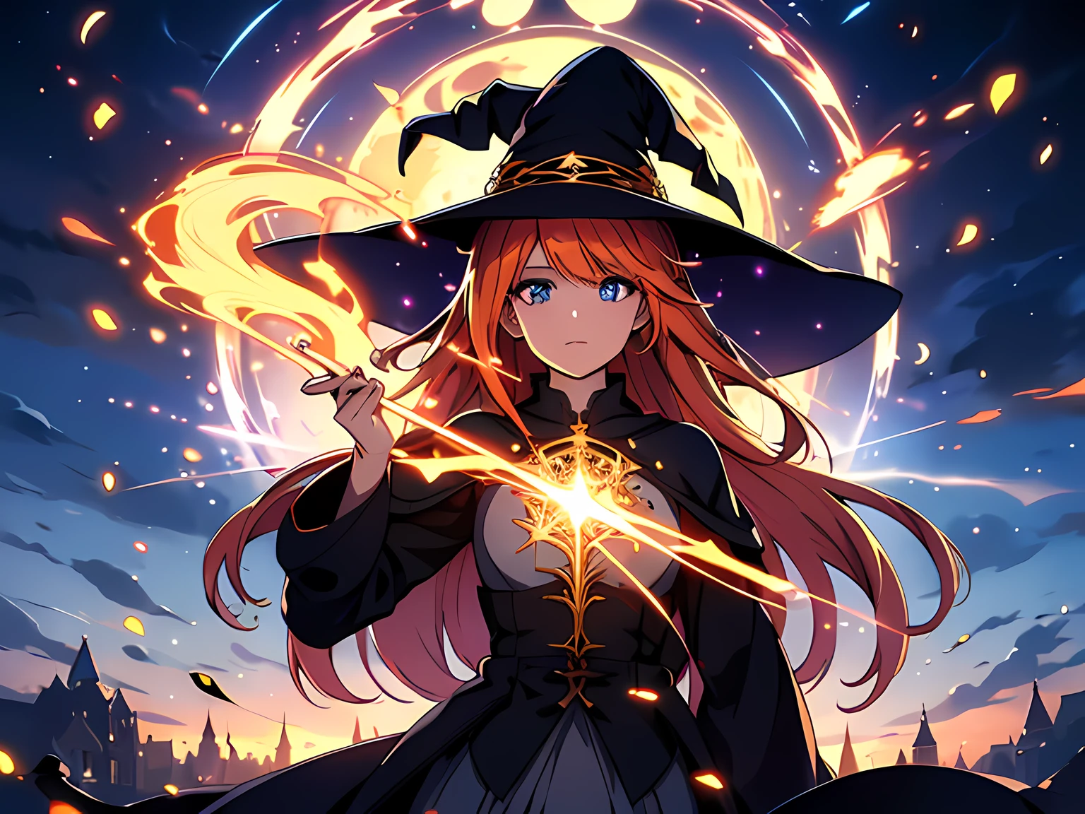 1 woman mage, calm look, beautiful eyes finely detailed, long orange hair gives off light amber light reflections, her clothes are blue in light and dark tones, with details in golden color, she wears a white shirt with fancy ornaments, (Masterpiece:1.2), (Best Quality), Detailed, UHD, Cinematic Lighting, sharp focus, (illustration:1.1), intricate, 8k CG, perfect artwork, (half body:0.6), detailed background, witch hat, witch, magical atmosphere, hair flowing in the wind, colorful glowing magic spell in the air, swirling portal, dark magic, fire particles, (style-swirlmagic:0.8), floating particles, bloody battlefield background, updraft, backlighting,