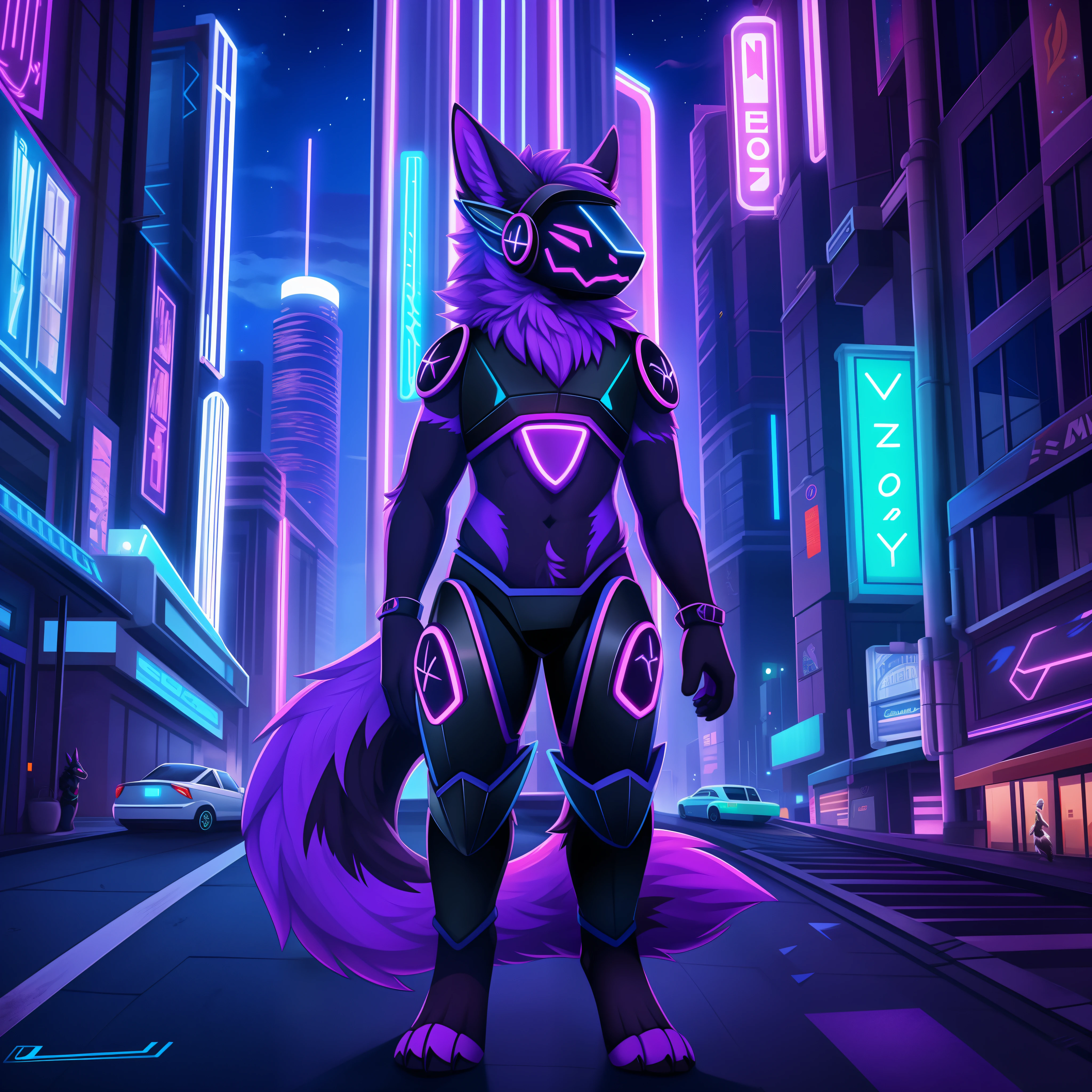 Protogen, furry art, masterpiece, great anatomy, black fur, neon purple details, detailed background, sci-fi, city, night, fluffy tail