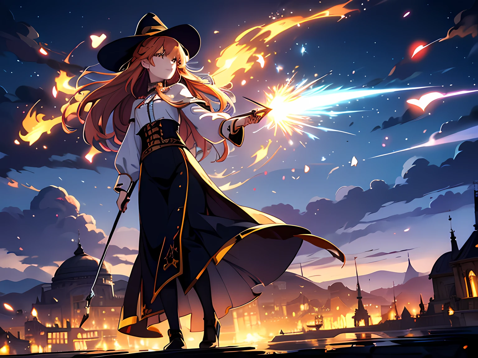 1 woman mage, calm look, beautiful eyes finely detailed, long orange hair gives off light amber light reflections, her clothes are blue in light and dark tones, with details in golden color, she wears a white shirt with fancy ornaments, (Masterpiece:1.2), (Best Quality), Detailed, UHD, Cinematic Lighting, sharp focus, (illustration:1.1), intricate, 8k CG, perfect artwork, (half body:0.6), detailed background, witch hat, witch, magical atmosphere, hair flowing in the wind, colorful glowing magic spell in the air, swirling portal, many magic attack around, dark magic, fire particles, (style-swirlmagic:0.8), floating particles, bloody battlefield background, updraft, backlighting,