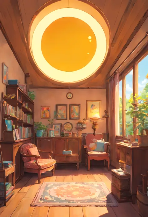 liveroom，Living room wall，tvp，and the sun was shining brightly，Bright interior，3D, 8K, Highly detailed, digitial painting, ,illustration, art, 3D style Pixar animation, friendly,