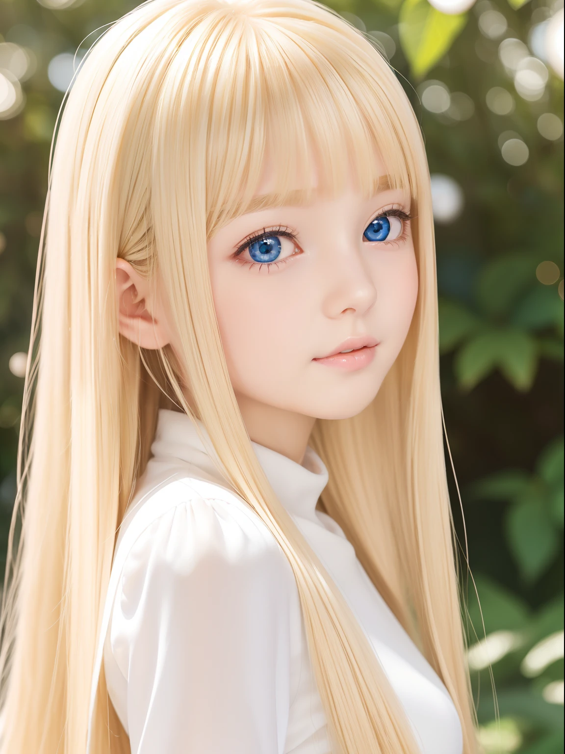 ((Super long silky bright pearl blonde hair))、Pretty bright marine blue eyes、15-year-old adorable beautiful girl、Pretty Face、long bangs between eyes,、White beautiful skin、glowy skin、Gloss Face、Teak Gloss、Small face beauty、big eye、bright expression