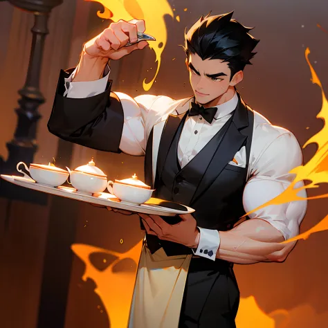 1boy, muscular, bodybuilder body, extremely muscular masculine man, tuxedo, tea service, naked apron, fire