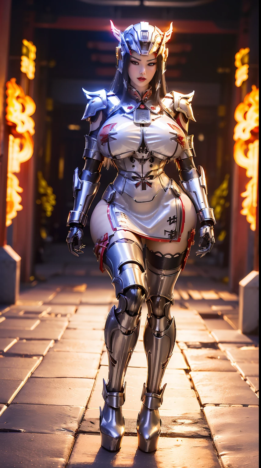 (1GIRL), (dark_hair), (Phoenix helmet:1.2), (BIG BUTTOCKS, GIGANTIC Fake BOOBS:1.5), (PHOENIX MECHA GUARD ARM, GLOVES:1.3), ((RED MECHA QIPAO DRESS, SILVER GUARD ARMOR LEGS, BLACK HIGH HEELS:1.5)), (NSFW MUSCULAR BODY, SEXY LONG LEGS, FULL BODY:1.3), (MUSCLE ABS:1.2), (LOOKING AT VIEWER:1.2), (WALKING DOWN HALLWAY OF FUTURISTIC SPACE STATION, BRIGHT LIGHTING:1), PHYSICALLY-BASED RENDERING, ULTRA HIGHT DEFINITION, 16K, 1080P.