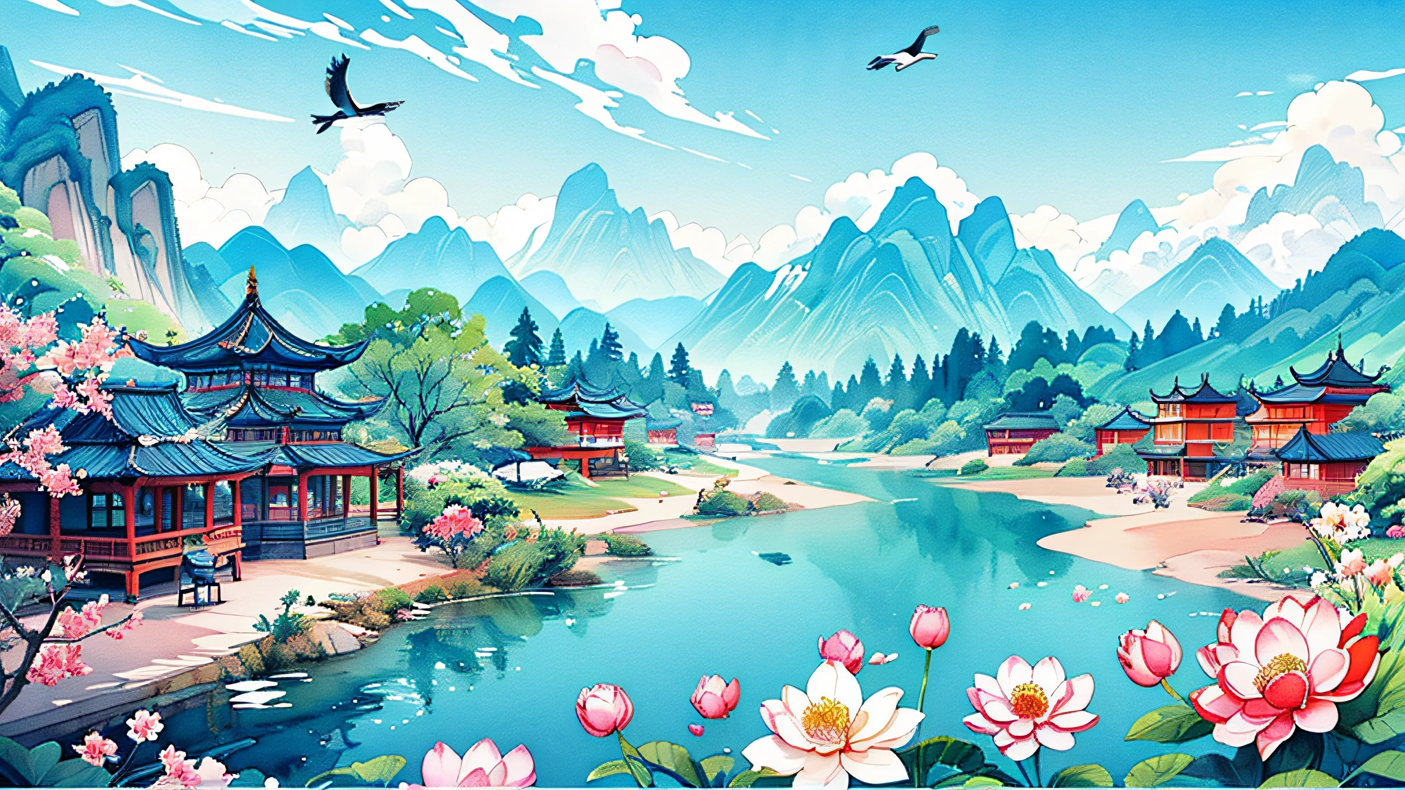 美丽的风景,水彩（（（水墨画,水彩画）））,一幅美丽的风景画,令人惊叹的风景画,丰富多彩的,丰富多彩的,美丽的,ArtStation 网站很受欢迎,仙境,富有想象力的,复杂的细节,景观细节,低饱和度,低对比度,干净的颜色,史诗般的作曲,完美构图,田园风光,农田,蓝天白云,梯田,农场,村庄,山脉,大山,溪流,山川,无边无际的农田,白云,蓝天,如画,华丽的,优雅自然,花鸟,平静而祥和,清新自然,一幅美丽的风景画,