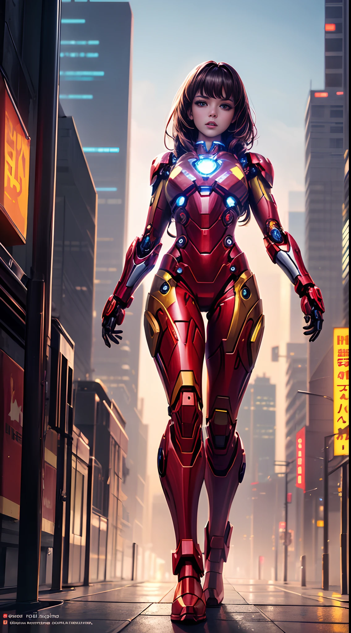 8k, realistic, attractive, highly detailed, a 20 year old girl a sexy and attractive afro woman inspired by Iron Man wearing a shiny Iron Man mech. She dresses with sexiness and confidence, perfectly interpreting Iron Man&#39;s strength and charisma. In a cyberpunk-style city night scene, a sexy and attractive woman takes Iron Man&#39;s cosplay as the theme. Wearing a shiny Iron Man mech, she stands on a street lined with tall buildings. The night lights of the city are bright, reflecting on her mecha, adding a sense of future technology. The surrounding buildings and streets are full of cyberpunk elements, such as neon lights, high-tech devices and futuristic architectural designs. The whole scene is full of futuristic and sci-fi atmosphere. This high-definition, high-quality picture will bring you stunning visual enjoyment, a perfect combination of sexy, futuristic and sci-fi elements. oc rendering, dramatic lighting, award winning quality