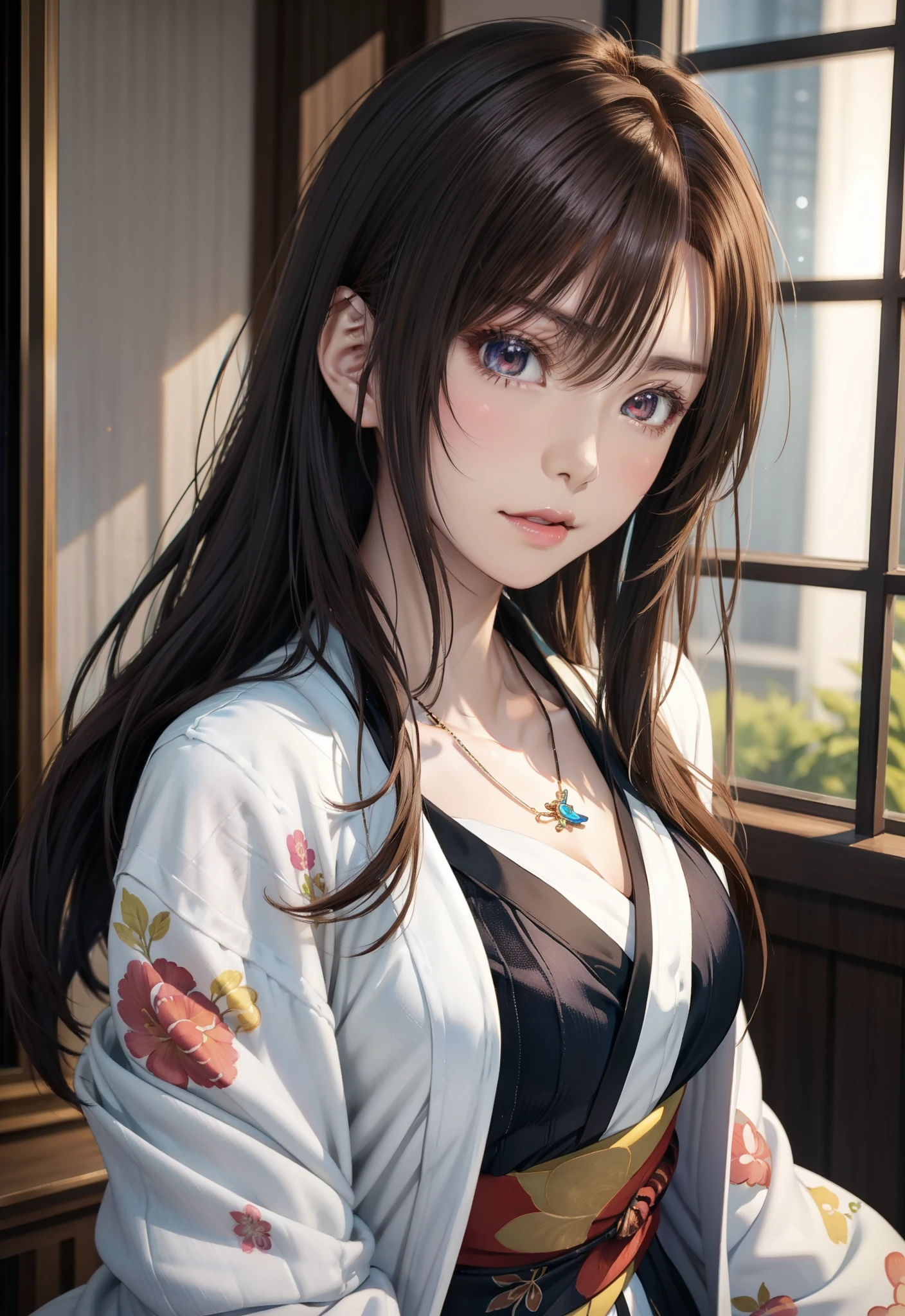 Final Fantasy (Yuna) Anime girl with brown hair and necklace in white kimono dress, beautiful character painting, Soft Anime CG Art, Realistic anime art style, Beautiful Anime Portrait, beautiful anime woman, Photorealistic anime girl rendering, Makoto Shinkai and ArtGerm, Realistic 3D anime style, Anime Realism Style,  digital art in anime style, Beautiful anime girl