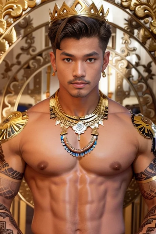 masuter piece、well built、jefri nichol a javanese Male、Age 15、Hot Guy、lite moustache, muscular、macho、wearing majapahit kingdom costume, gold head band, gold shoulder band, gold necklace, gold crown, hair bund,  long-haired、Fade Cut、bodybuilder, Large body、low angles、Real texture、wear sarong batik,