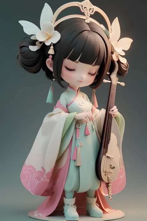 Qi Gu Feng, Game Icon Institute, Game icon, 1girll, Solo, hair adornments, Black hair, Closed eyes, instrument, flower, hair flo...