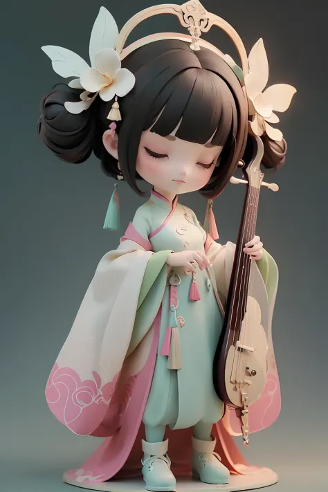 qi gu feng, game icon institute, game icon, 1girll, solo, hair adornments, black hair, closed eyes, instrument, flower, hair flo...