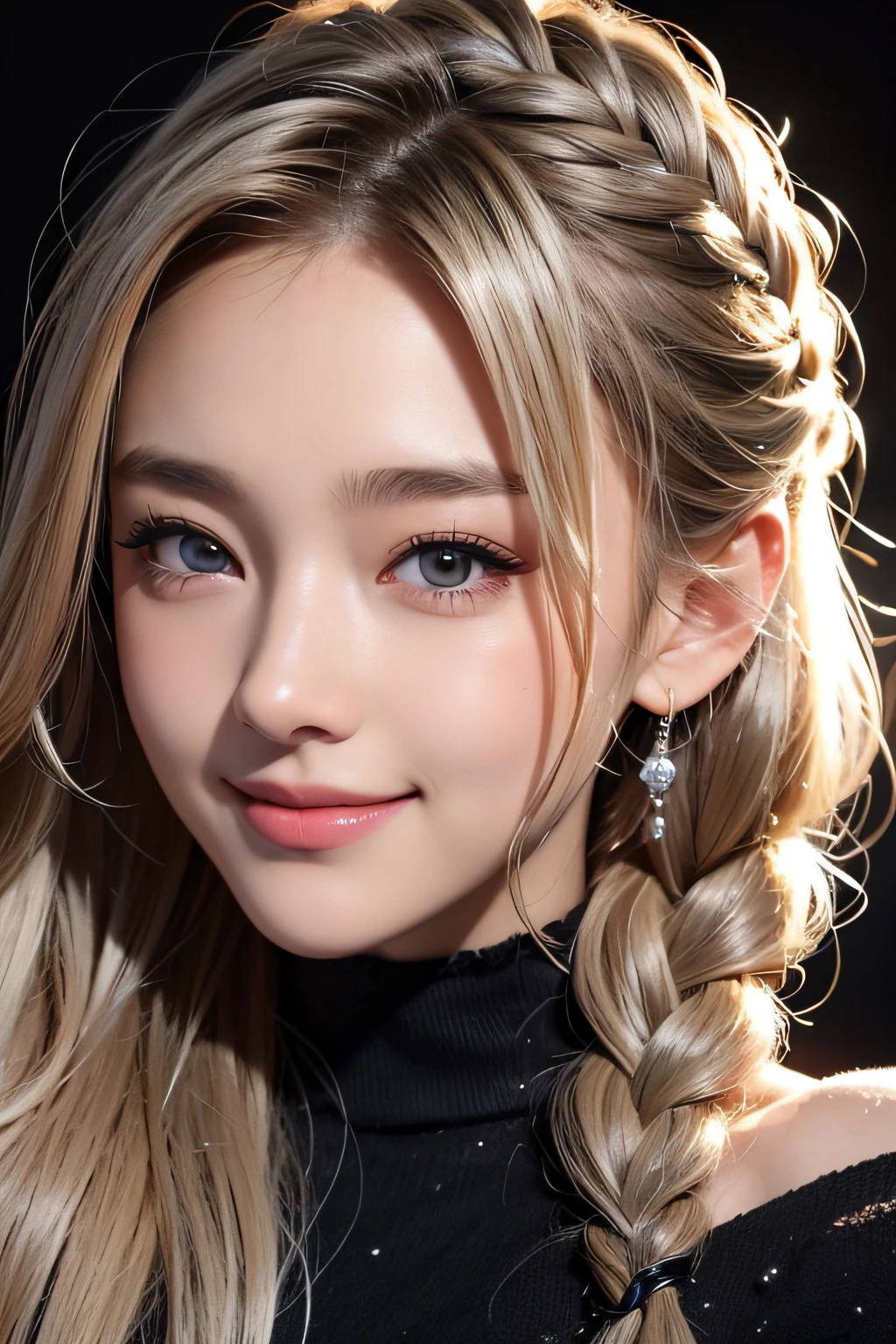 Anime, Face, Braided curly blonde hair, Black eyes, Long hair, brack&Silver off-the-shoulder、Black background, facial close-up、​masterpiece、top-quality、ultra-definition、hight resolution、With smiling eyes、facial close-up,