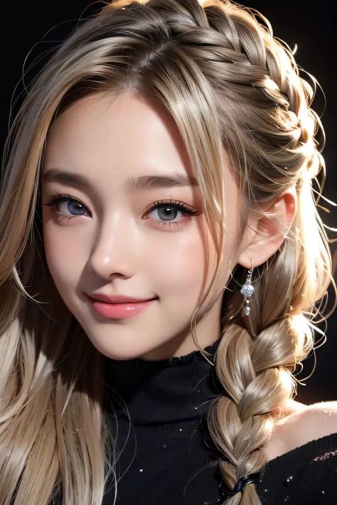 Anime, Face, Braided curly blonde hair, Black eyes, Long hair, brack&Silver off-the-shoulder、Black background, facial close-up、​...