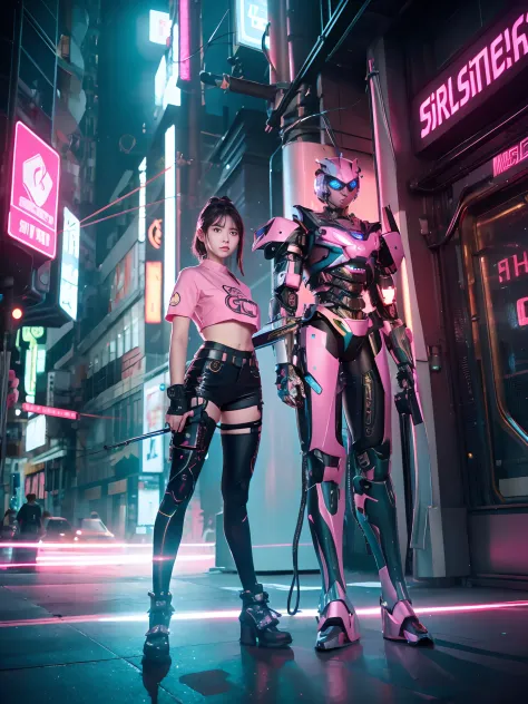 boutique,Best Quality,Gold Jewelry,(slipping off the feet),Fairy skin,(fidelity :1.2),The reality of,High quality,Movie Light,Ray Tracking,Ultra HD,Beautiful full-body image, A girl in shorts and a pink shirt is standing next to a giant robot, Artwork in t...