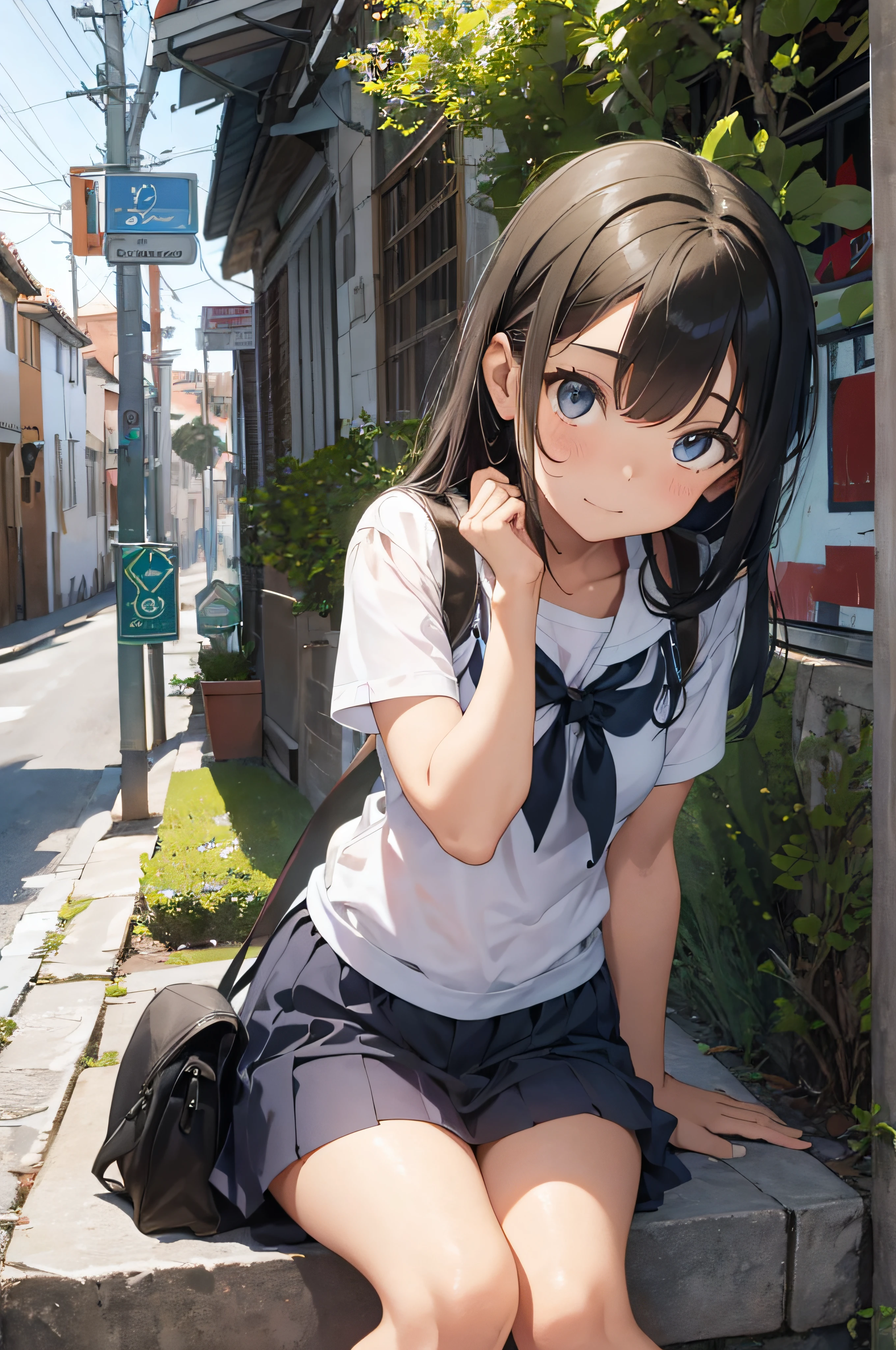 Anime girl sitting on a ledge in a city street - SeaArt AI