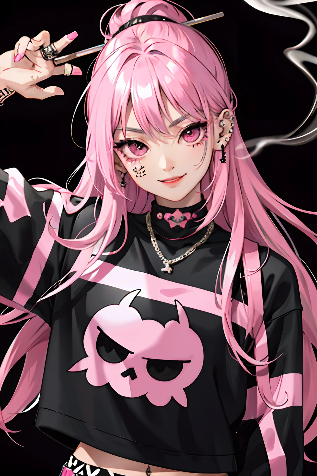 Anime girl with pink hair and piercings holding a cigarette - SeaArt AI