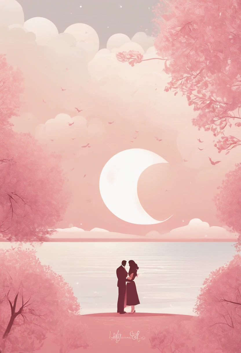 filmposter，poster for，Posters，cover illustration，charact，Huge, Eye-catching headline text,1 moon，Romantic couple kissing in the wind，anatomy correct, Delicate pattern，Oriental elements， Clean colors,Pink rose space, Soft lighting,Masterpiece, Super detailed, Epic composition, Highest quality, 8K，