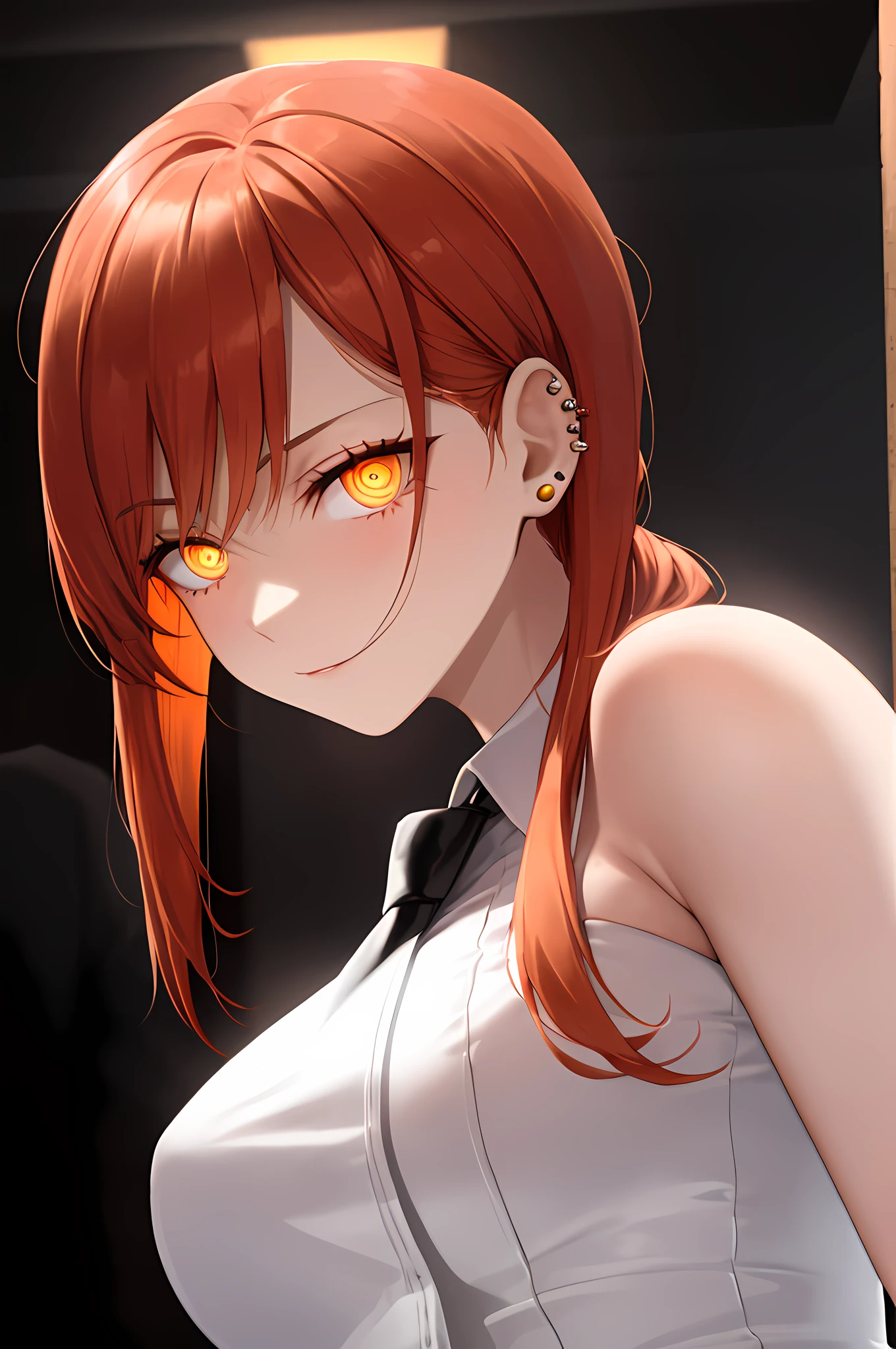 there is a woman with orange hair and a tie posing for a picture, close up of a woman cosplaying Makima, Makima cosplay, ((Makima)), hot topic anime convention, there were eight anime people, cosplay photo, cosplayer, it has a piercing gaze, anime girl cosplay, piercing stare, subtle glowing golden eyes, anime lines,