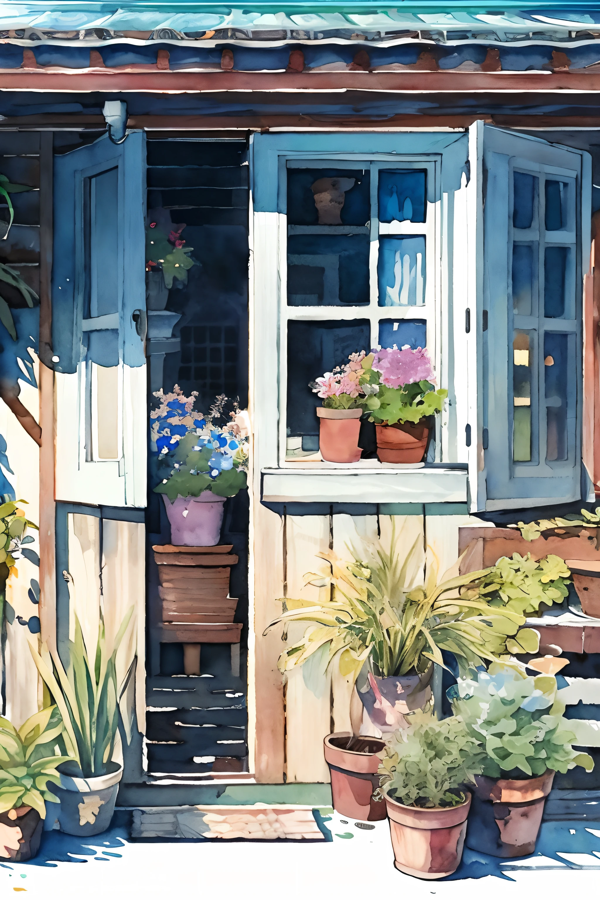 no humans, plant, window, potted plant, cat, bird, house, door, scenery, outdoors, traditional media, flower pot, building, (illustration:1.0), masterpiece, best quality, watercolor (medium)