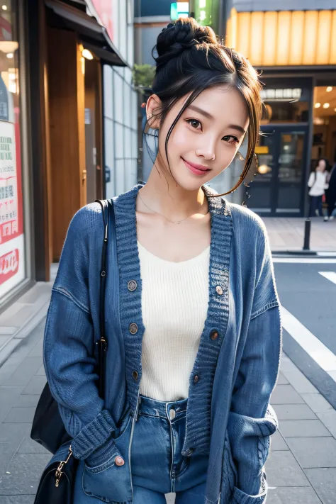 maturefemale,Medium, Awkward lips, Naughty face, Downtown Tokyo, cloud, maternal, Chic、(Denim jeans、turtle necked sweater、Cardigan)、​masterpiece、top-quality、The ultra -The high-definition、(Braided curly hair,Bun１)、With smiling eyes