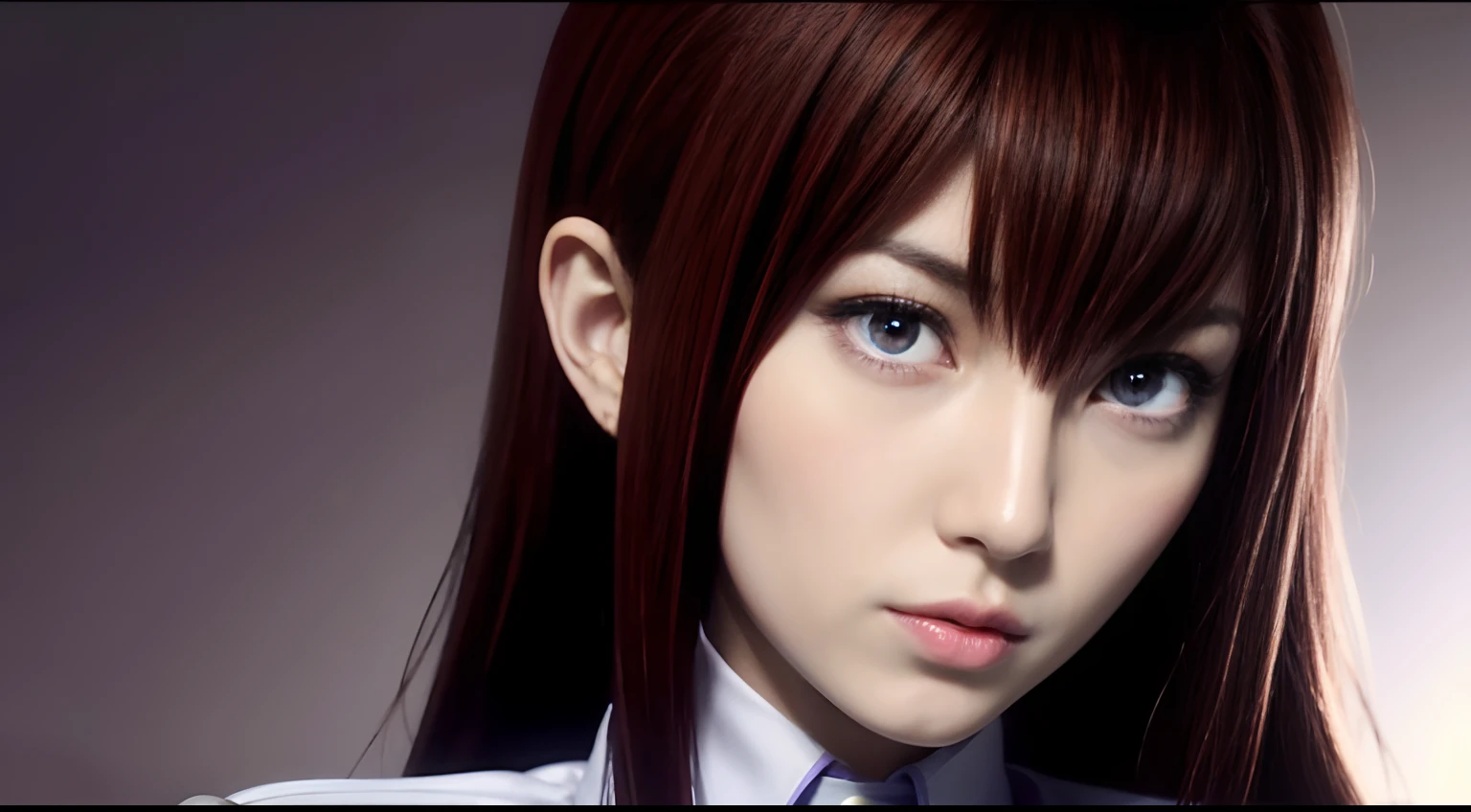 makise_kurisu, beautiful, chestnut hair, slender, violet eyes, redtie, collared shirt, white shirt, beauty, extremely beautiful face, exquisite face, solo, 1girl, detailed skin