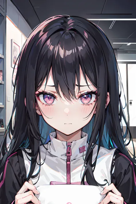 black hair, gradient hair, bangs, messy hair, long hair, eye reflection, glaring, expressions, cheek pinching, pink eyes, shy, embarrassed, heavy breathing, blush, interior architecture, modern, anime, Minimalism, anime style, feet out of frame, pov, first...