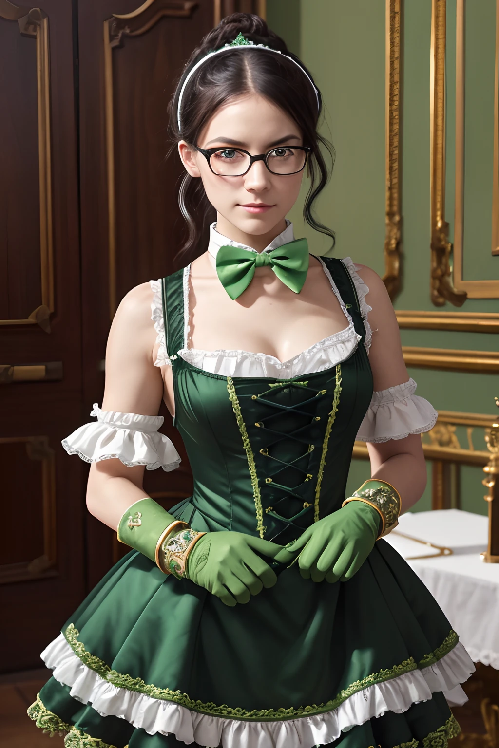 ((rococo)), hight resolution, sharp-focus, pixiv masterpiece, ((intricate details)), Highly detailed, Yuriy Alfa, 1girl, black hair, (Green bracelet, green gloves, spikes,:1.1) eyeglasses, Green eyes, maiden, single hair bun, Dress, Choker, bowtie, maid apron,