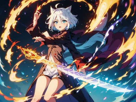 masterpiece, In a world where magic and technology exist side by side, a girl with cat ears (white hair, short hair) sets out on...