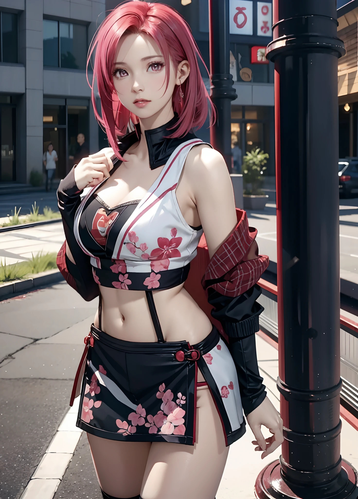 sakura haruno, Seductive, ((forehead to show)), Attractive, Sexy eyes, Red coat, Pink hair, Delicate, young, Short hair, Detailed face, High Definition, Full body, from league of legends, Trending in art stations, by RHADS, andreas rocha, rossdraws, By Shinkai Makoto, Laurie Greasley, Royce of Barre, Ilya Kuvshinov and Greg Rutkowski