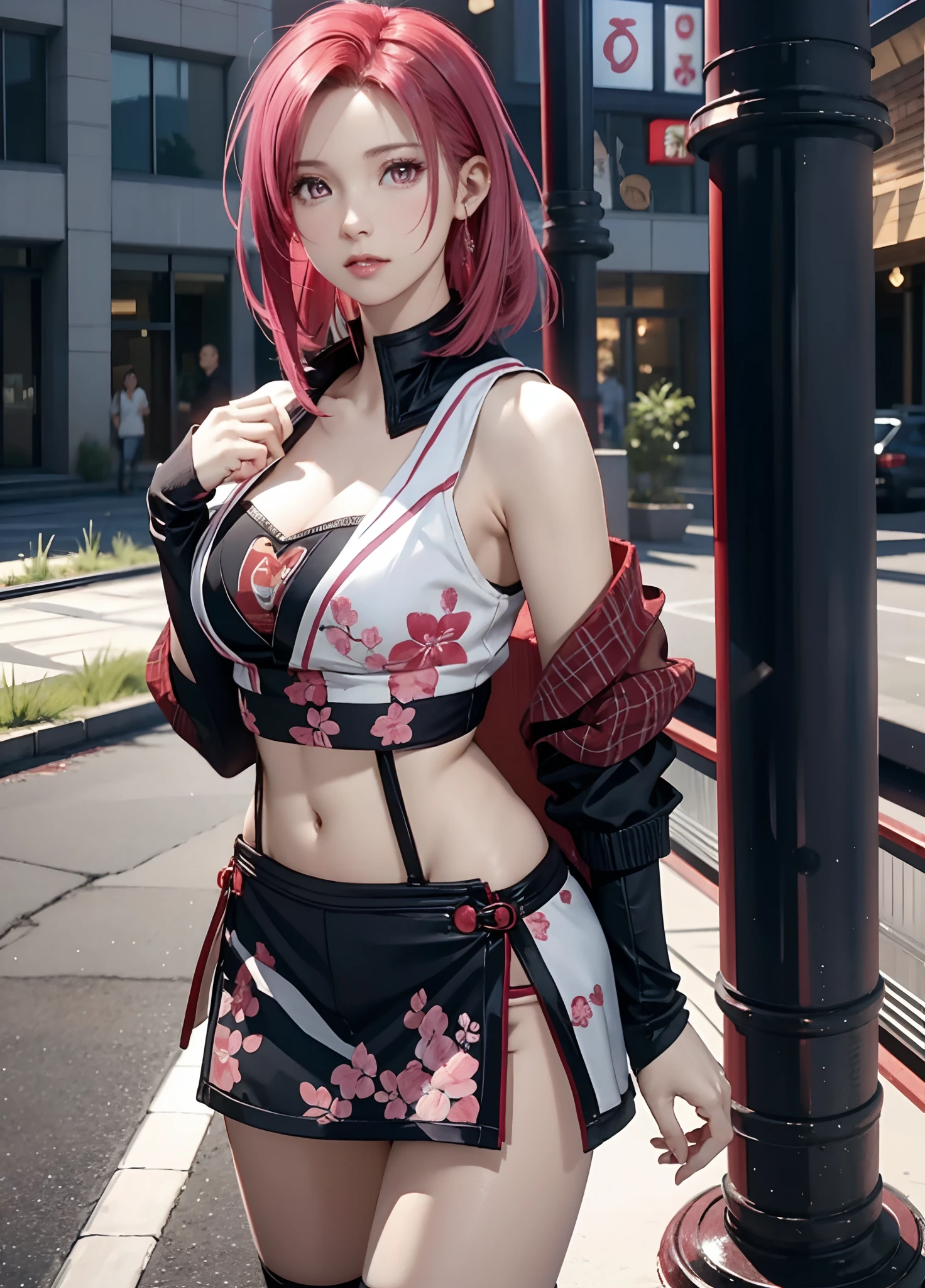 Sakura Haruno, Seductive, ((forehead to show)), Attractive, Sexy eyes, Red coat, Pink hair, Delicate, 年轻, Short hair, Detailed face, High Definition, Full body, from league of legends, Trending in art stations, by RHADS, Andreas Rocha, rossdraws, By Shinkai Makoto, Laurie Greasley, Royce of Barre, Ilya Kuvshinov and Greg Rutkowski