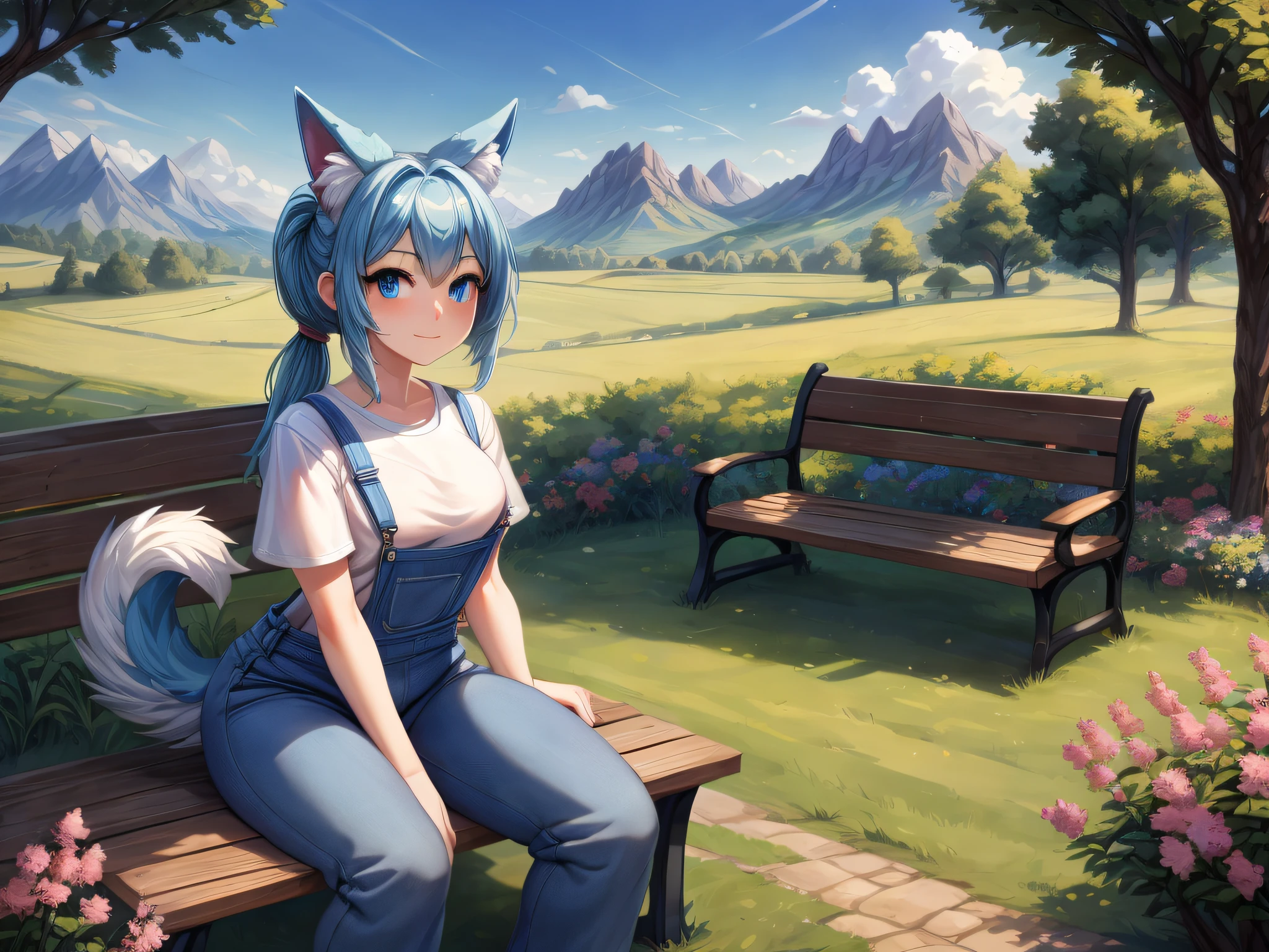 (Masterpiece) (High Detail) (High Res) A short humanoid girl with pale human skin and blue eyes and long blue hair in a ponytail and blue dog ears and a big fluffy dog tail is wearing denim overalls and a white t-shirt and is sat on a bench outside a country cottage surrounded by fields and farmland. Sunny, landscape. Pink Flowers, Hedges, Trees, Distant mountains.