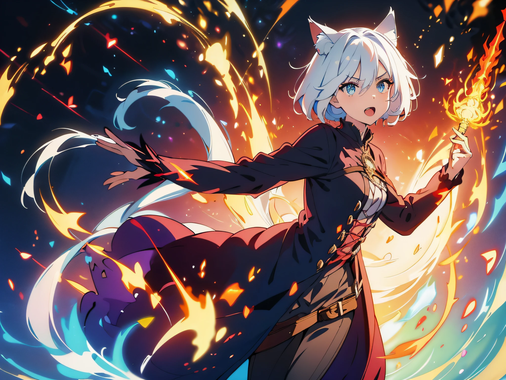 masterpiece, In a world where magic and technology exist side by side, a girl with cat ears (white hair, short hair) sets out on a journey to hone their skills and uncover the secrets of their powers, beautiful eyes finely detailed. The mage must learn to harness the full potential of their abilities and unlock the true potential of magic in the modern age. full body illustration, evil facial expression, holding a sword, she hold sword with flames coming out from her sword.