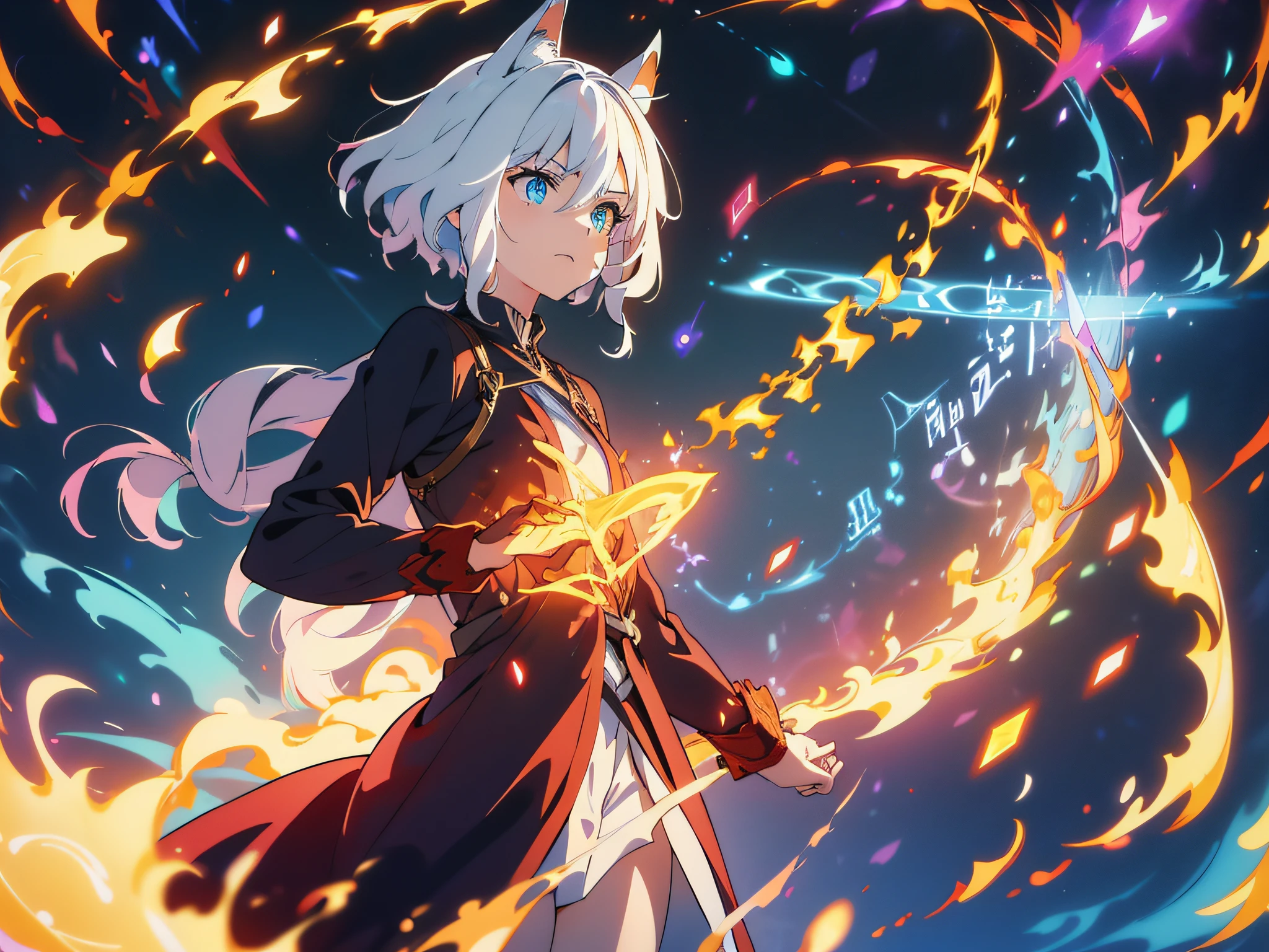 masterpiece, In a world where magic and technology exist side by side, a girl with cat ears (white hair, short hair) sets out on a journey to hone their skills and uncover the secrets of their powers, beautiful eyes finely detailed. The mage must learn to harness the full potential of their abilities and unlock the true potential of magic in the modern age. full body illustration, evil facial expression, holding a sword, she hold sword with flames coming out from her sword.