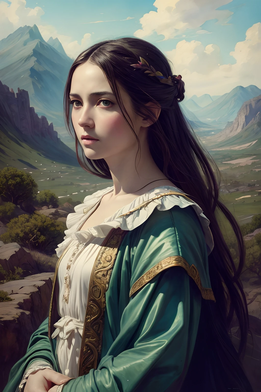 baroque,(Masterpiece), the anime, Best Quality，(photo_(medium):1.0), by Antonio J. Manzanedo, Jeremy Lipking, zipper, in a surreal landscape, Watercolor painting style, stroke, kblack eyes,Colorful，bright colours,1girl