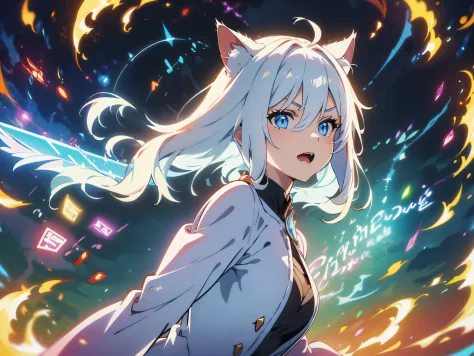 masterpiece, In a world where magic and technology exist side by side, a girl with cat ears (white hair, short hair) sets out on...