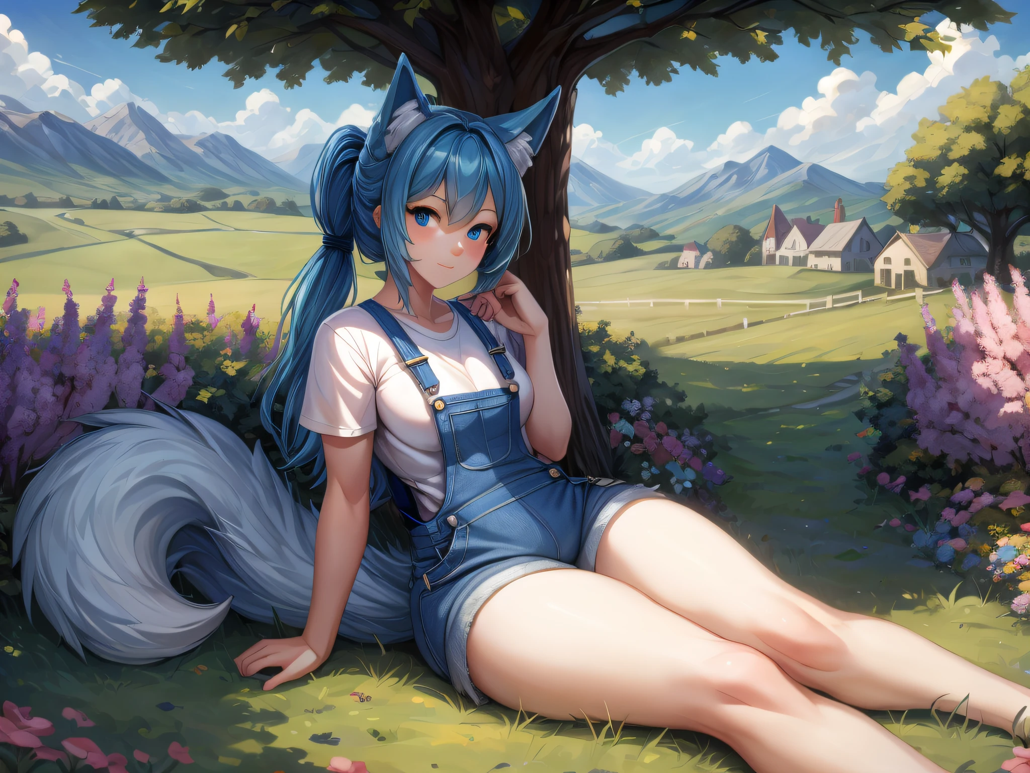 (Masterpiece) (High Detail) (High Res) A short humanoid girl with pale human skin and blue eyes and long blue hair in a ponytail and blue dog ears and a big fluffy dog tail is wearing denim overalls and a white t-shirt and is sat alone on the grass under a tree outside a country cottage surrounded by fields and farmland. Sunny, landscape. Pink Flowers, Hedges, Distant mountains.