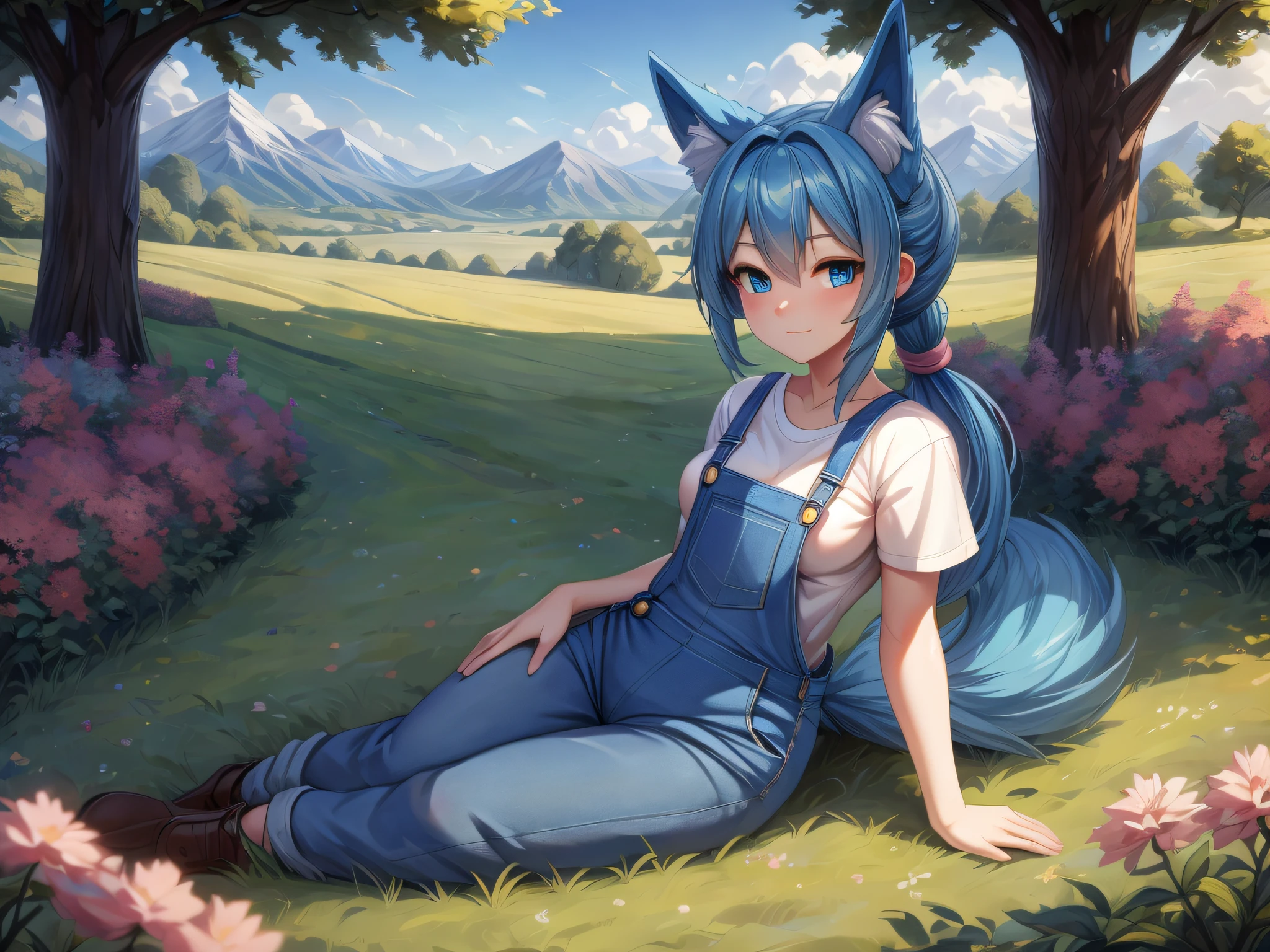 (Masterpiece) (High Detail) (High Res) A short humanoid girl with pale human skin and blue eyes and long blue hair in a ponytail and blue dog ears and a big fluffy dog tail is wearing denim overalls and a white t-shirt and is sat alone on the grass under a tree outside a country cottage surrounded by fields and farmland. Sunny, landscape. Pink Flowers, Hedges, Distant mountains.