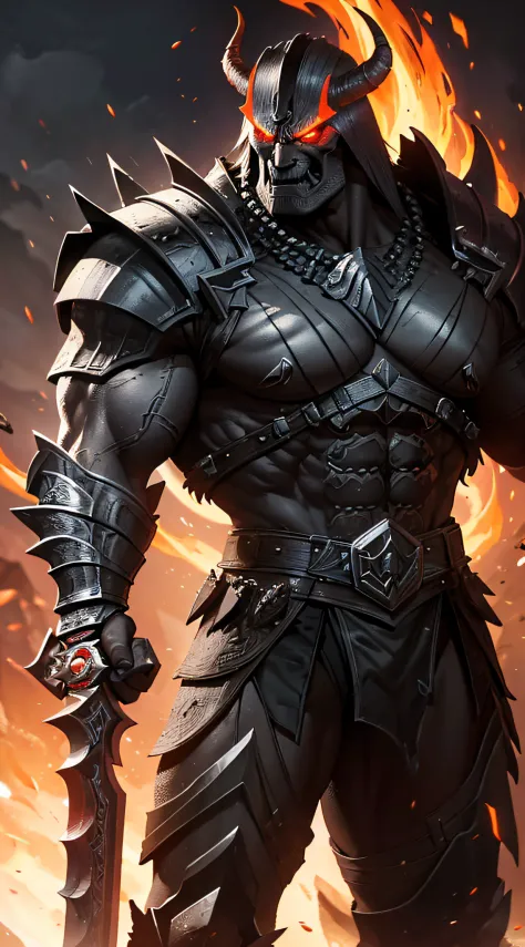 dwayne johnson as Shao Kahn from Mortal Kombat, wears imposing battle armor adorned with skulls, spikes, and other intimidating details, helmet, armor marron in color, glowing eyes, wields a large war hammer, intricate, high detail, sharp focus, dramatic, ...