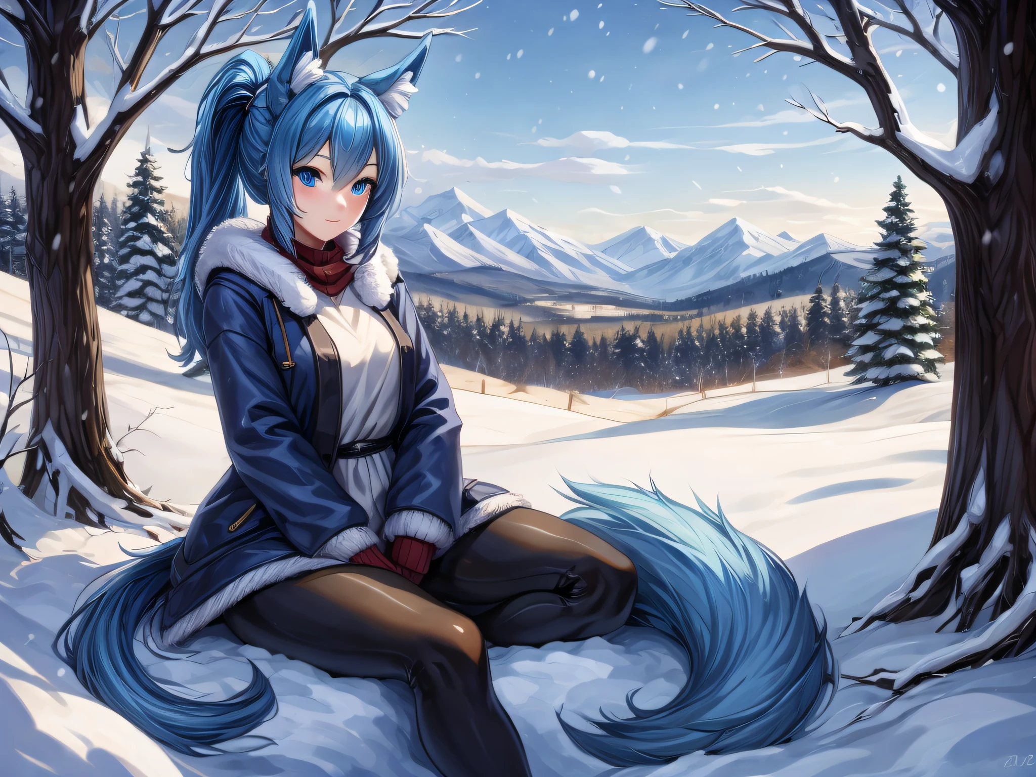 (Masterpiece) (High Detail) (High Res) A short humanoid girl with pale human skin and blue eyes and long blue hair in a ponytail and blue dog ears and a big fluffy dog tail is wearing a thick warm coat and black leggings and is sat alone outside a country cottage surrounded by fields and farmland that is covered in snow. Snowy landscape, Bushes covered in snow, Hedges, Trees, Distant mountains. Snow all around.