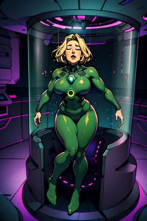 Oil painted slightly chubby white woman. Her face is also slightly chubby. She is inside a sci-fi  capsule coffin.. She is wearing a dark green body suit.. She has short blonde hair. . She is asleep. She has her mouth open breathing heavily. She is on the ...