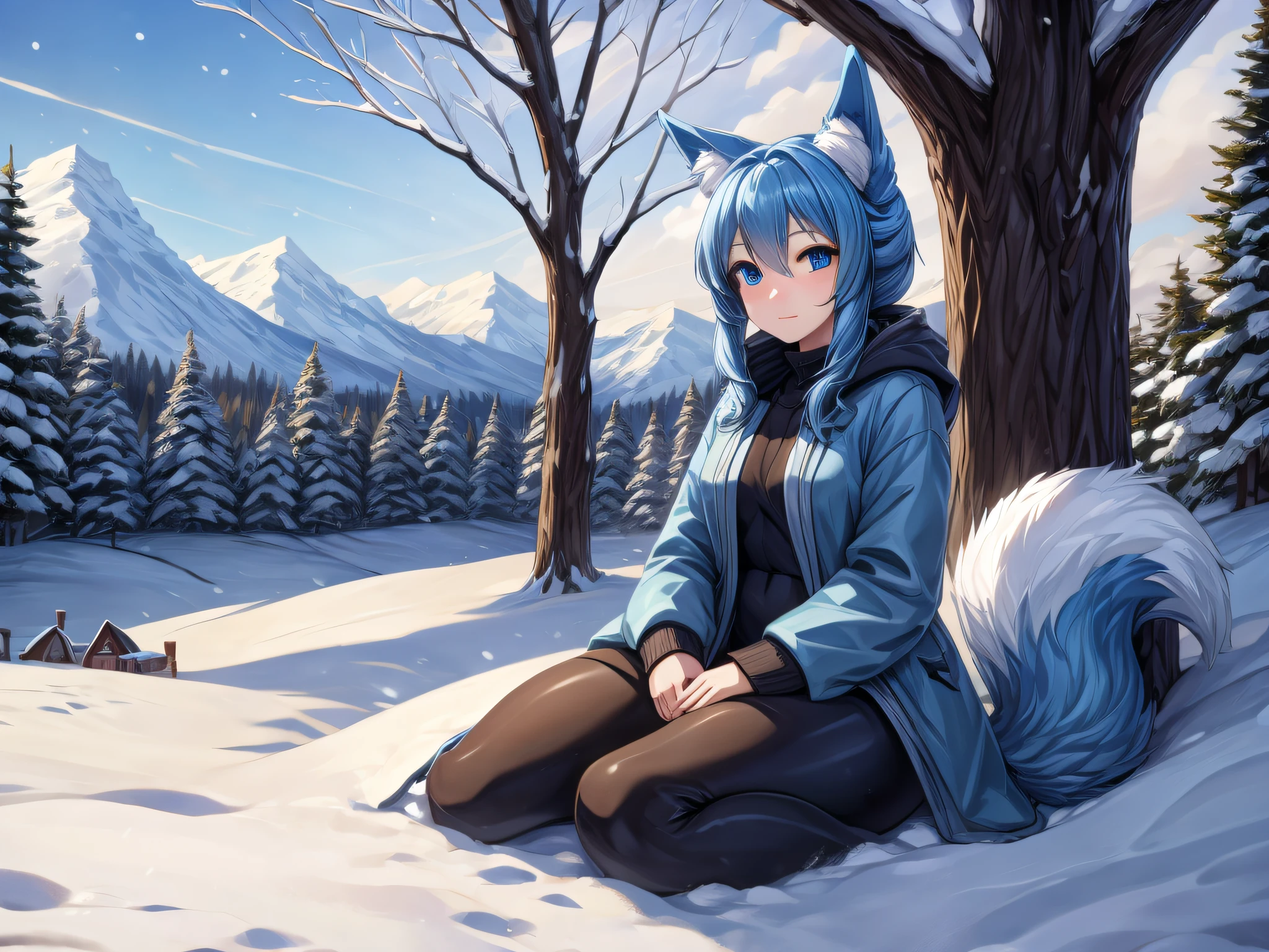 (Masterpiece) (High Detail) (High Res) A short humanoid girl with pale human skin and blue eyes and long blue hair in a ponytail and blue dog ears and a big fluffy dog tail is wearing a thick warm coat and black leggings and is sat alone outside a country cottage surrounded by fields and farmland that is covered in snow. Snowy landscape, Bushes covered in snow, Hedges, Trees, Distant mountains. Snow all around.