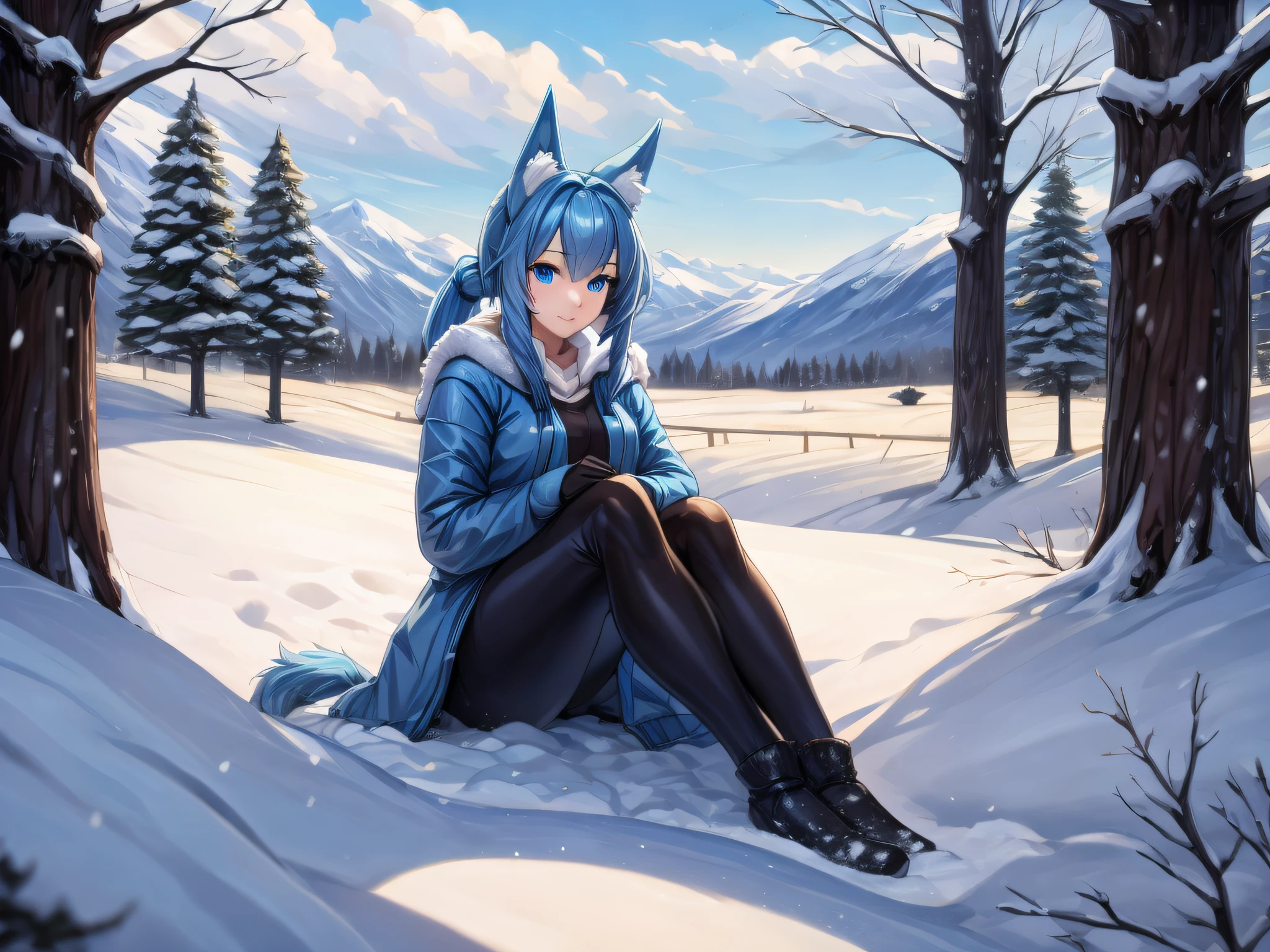 (Masterpiece) (High Detail) (High Res) A short humanoid girl with pale human skin and blue eyes and long blue hair in a ponytail and blue dog ears and a big fluffy dog tail is wearing a thick warm coat and black leggings and is sat alone outside a country cottage surrounded by fields and farmland that is covered in snow. Snowy landscape, Bushes covered in snow, Hedges, Trees, Distant mountains. Snow all around.