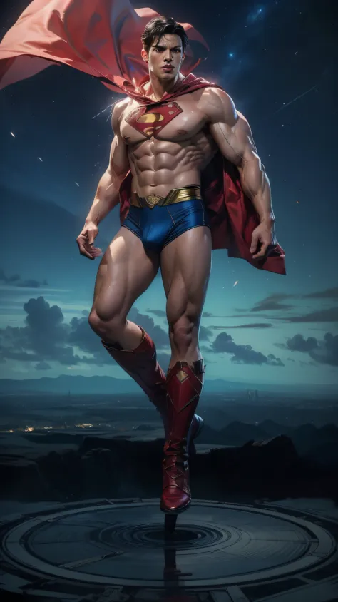 (max resolution: 1.2), (Ultra HDTV: 1.2), 8K resolution, Eye and skin details, detailed facial features, , (Sharp focus: 1.2), (Focus focus) facial expressions: 1.2), 1 Boy, Superman, Bay, Black hair, Chest exposed, 8 Pack, (Shirtless) Red coat, Shirtless,...