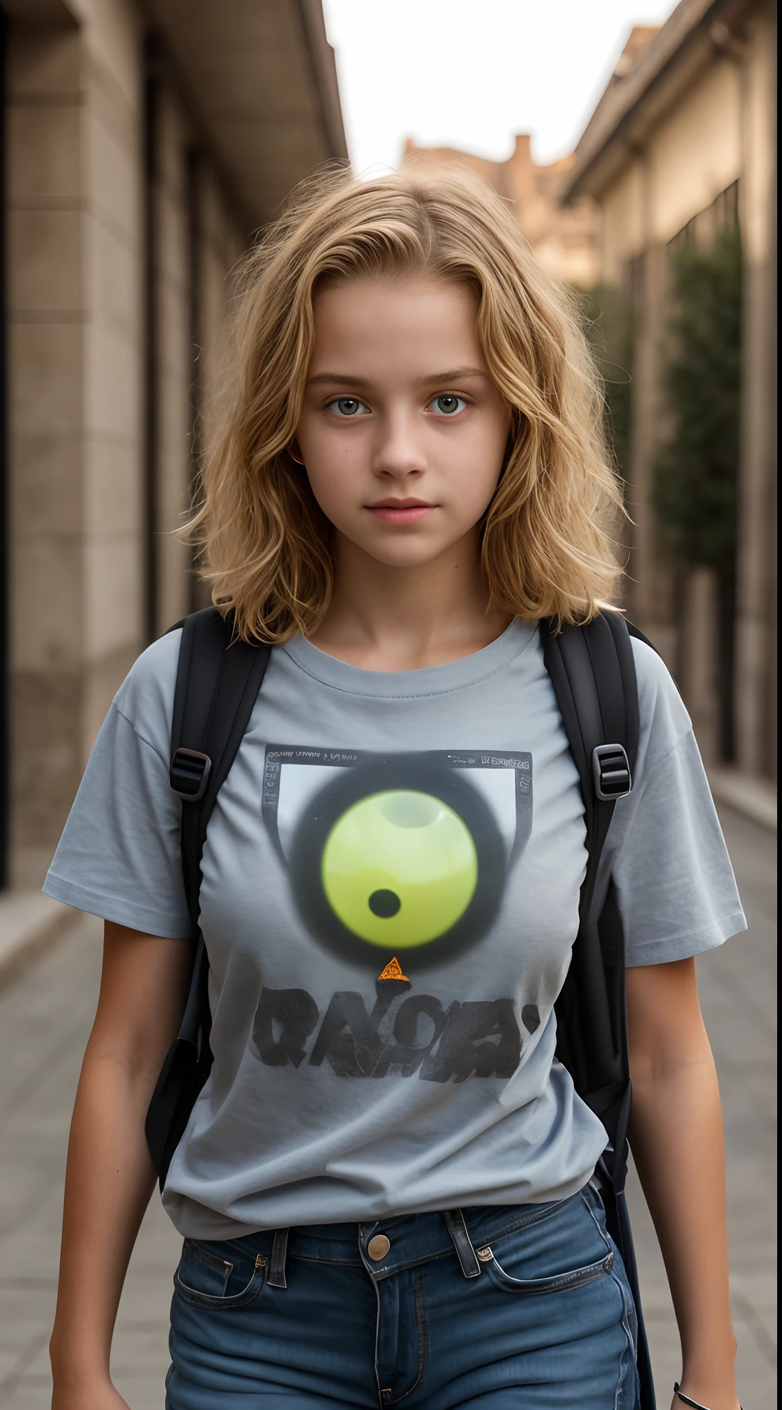 16 year old , European, Blonde, Small breasts, Big eyes, t-shirt - SeaArt AI