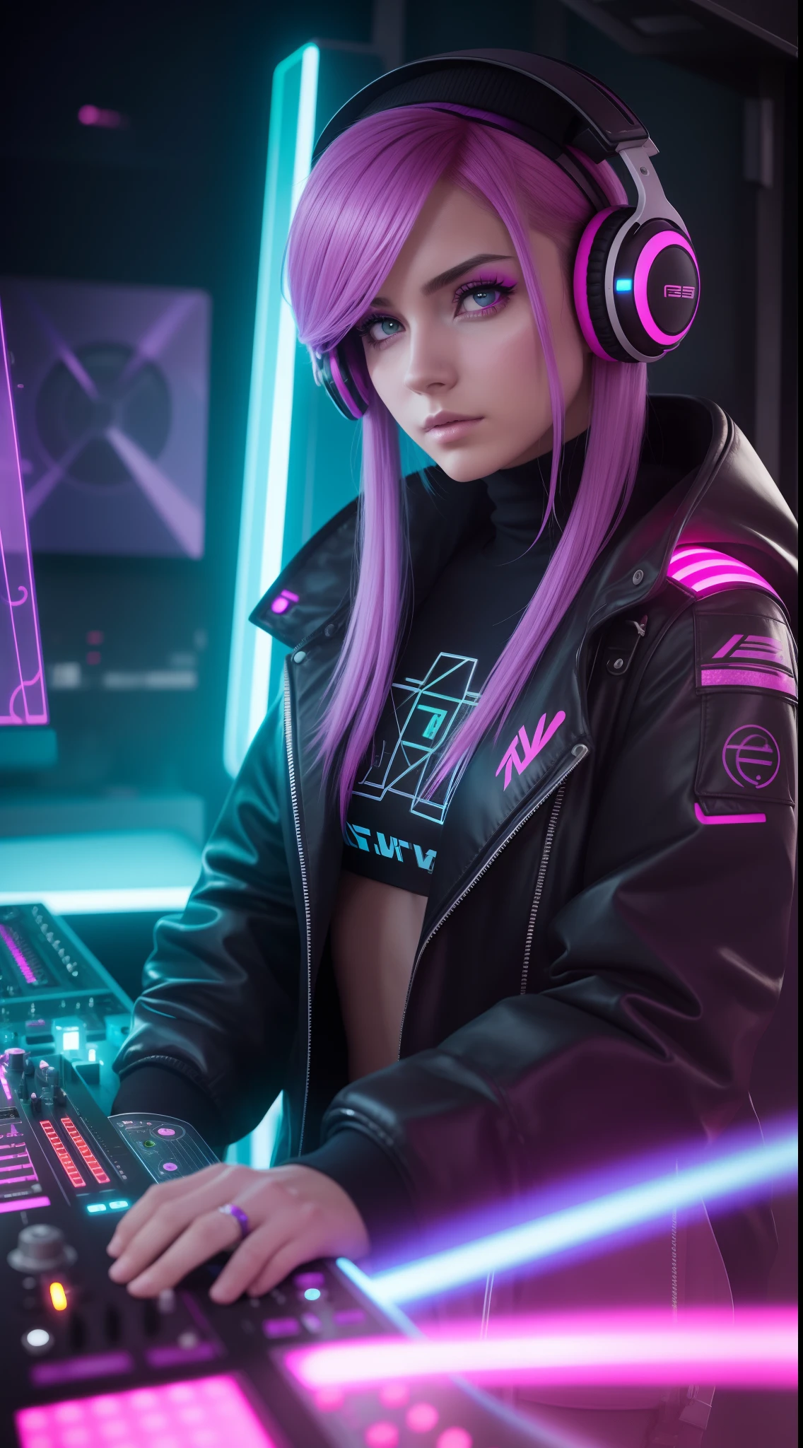 Female DJ Cyberpunk Pink Mechanical,（La parte superior del cuerpo），Fluffy blue-purple hair，ojos hermosos，Mira a la audiencia，Apariencia vibrante,self-assure，(Auriculares DJ) ,( Consola de mezclas) ,Colores cyberpunk audaces，Profundidad de campos，（Estilo de pintura gruesa），Detalles realistas, global ilumination, Ultra - detallado, Detalles muy intrincados, Neon light detail,stage lighting，of the highest quality, Detalles intrincados, (cinematic lighting), Foto RAW, 8k, Laser Lights