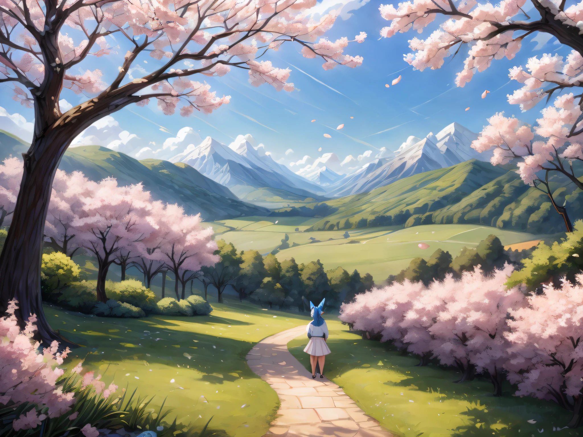 (Masterpiece) (High Detail) (High Res) A short humanoid girl with pale human skin and blue eyes and long blue hair in a ponytail and blue dog ears and a big fluffy dog tail is wearing a white t-shirt and skirt and is sat alone outside a country cottage surrounded by fields and farmland that is covered in spring blossoms. Lush green landscape, Bushes covered in pink and white blossoms, Hedges, Trees covered in blossoms, Distant mountains. Petals in the air.