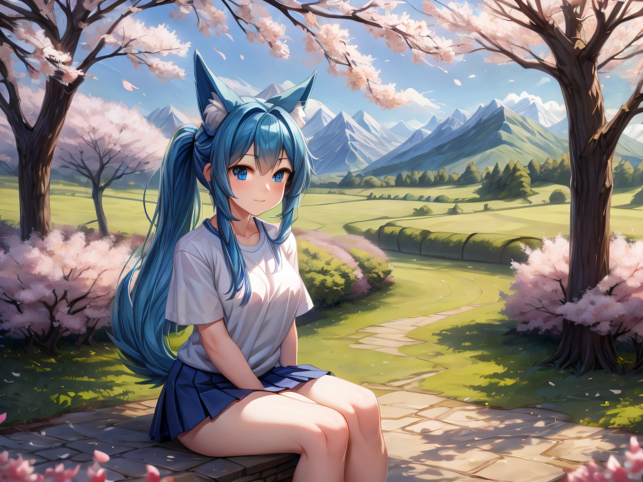 (Masterpiece) (High Detail) (High Res) A short humanoid girl with pale human skin and blue eyes and long blue hair in a ponytail and blue dog ears and a big fluffy dog tail is wearing a white t-shirt and skirt and is sat alone outside a country cottage surrounded by fields and farmland that is covered in spring blossoms. Lush green landscape, Bushes covered in pink and white blossoms, Hedges, Trees covered in blossoms, Distant mountains. Petals in the air.