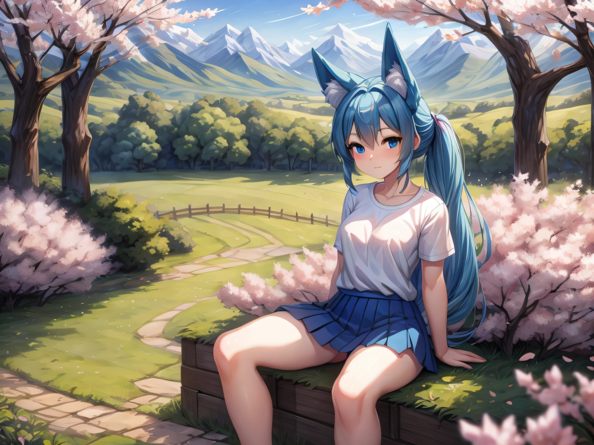 (Masterpiece) (High Detail) (High Res) A short humanoid girl with pale human skin and blue eyes and long blue hair in a ponytail and blue dog ears and a big fluffy dog tail is wearing a white t-shirt and skirt and is sat alone outside a country cottage surrounded by fields and farmland that is covered in spring blossoms. Lush green landscape, Bushes covered in pink and white blossoms, Hedges, Trees covered in blossoms, Distant mountains. Petals in the air.